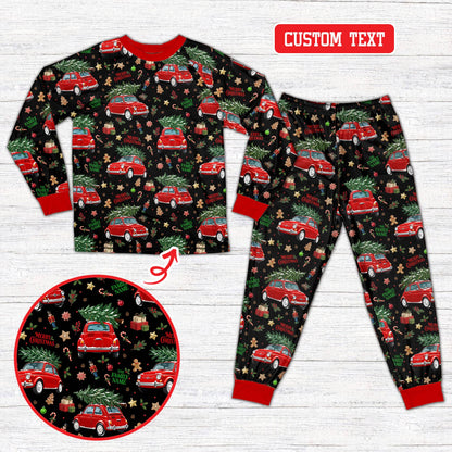 Personalized red christmas pajama set featuring vintage red autos and holiday elements, front view