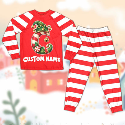 Personalized red and green christmas pajama set with custom name and number, main view