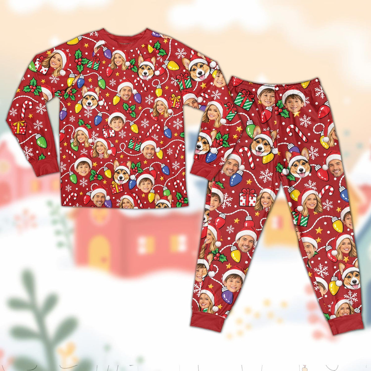Matching family christmas pajama set in red with custom face and corgi pattern, main view