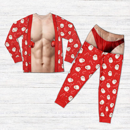 Novelty christmas pajama set featuring a printed muscular chest and Santa pattern, main view