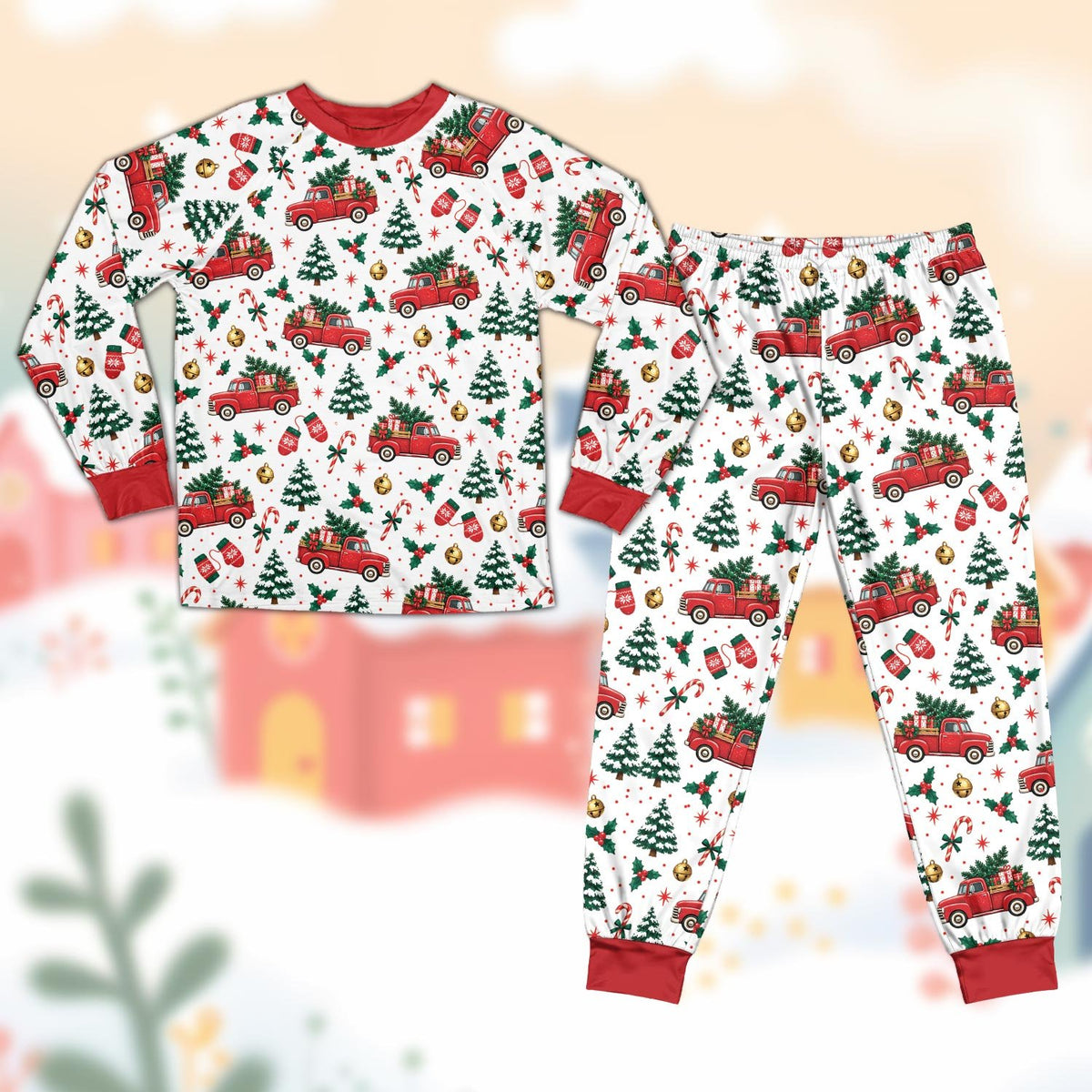Vintage red truck christmas pajama set featuring holiday trees and candy canes on a white background
