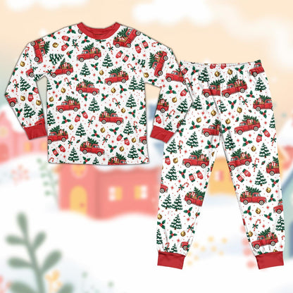 Vintage red truck christmas pajama set featuring holiday trees and candy canes on a white background