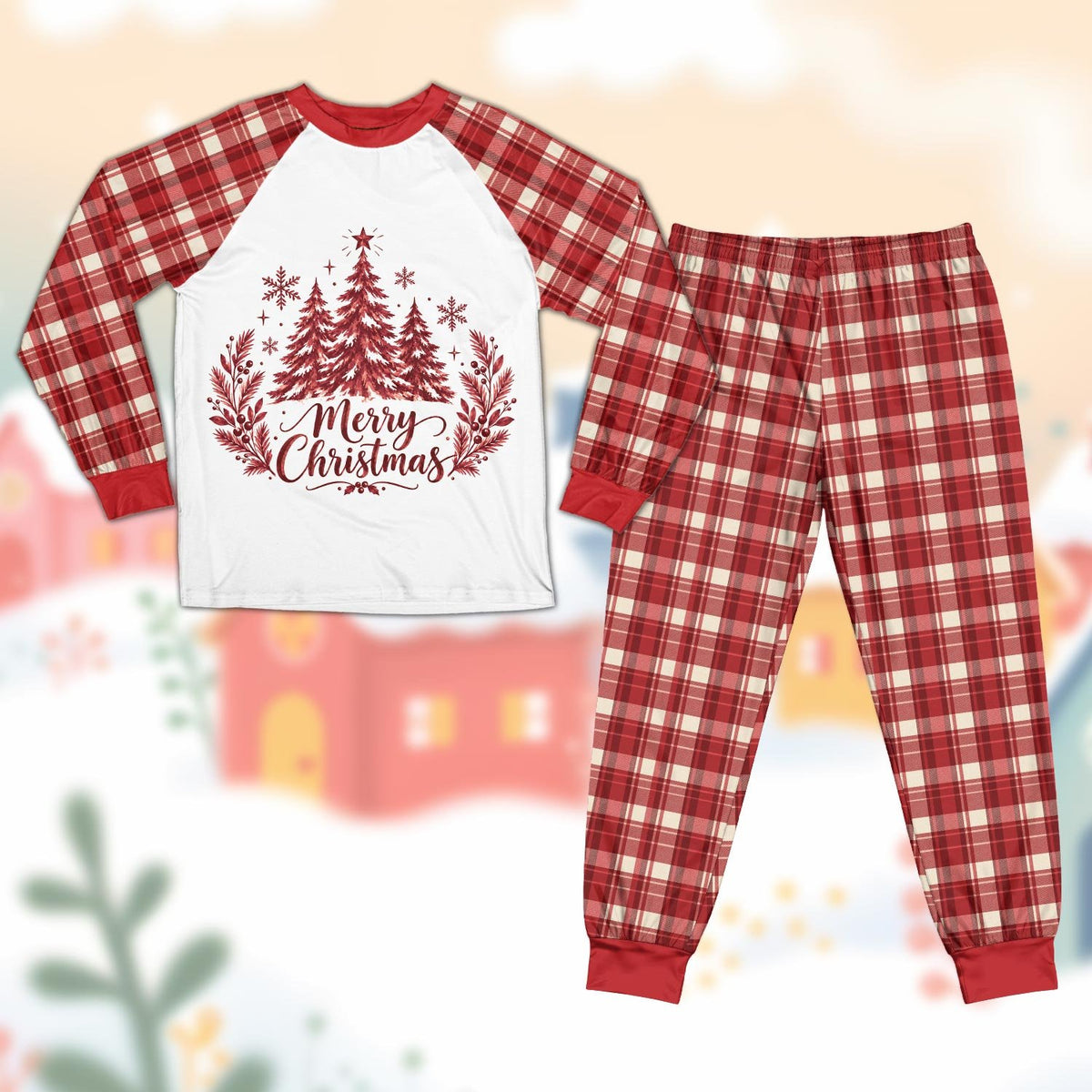 Red matching family christmas pajama set featuring pine trees and Merry Christmas script