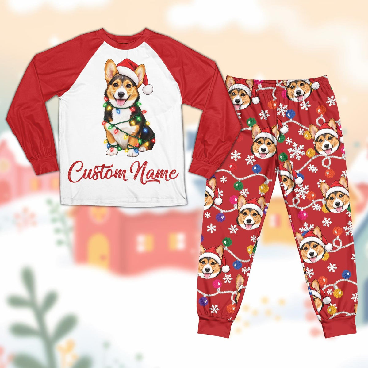Personalized red christmas pajama set featuring a festive Corgi design, front view