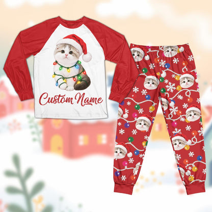 Red raglan shirt of the matching xmas family pajamas with festive cat design, front view
