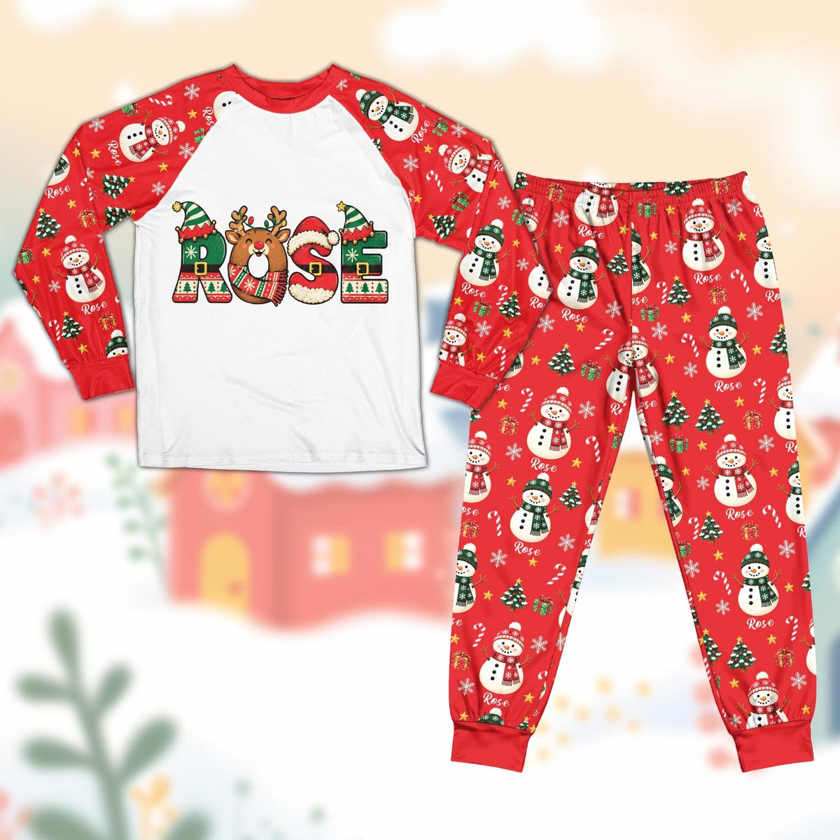 Red personalized christmas pajama set with custom name and festive holiday pattern on pants and sleeves