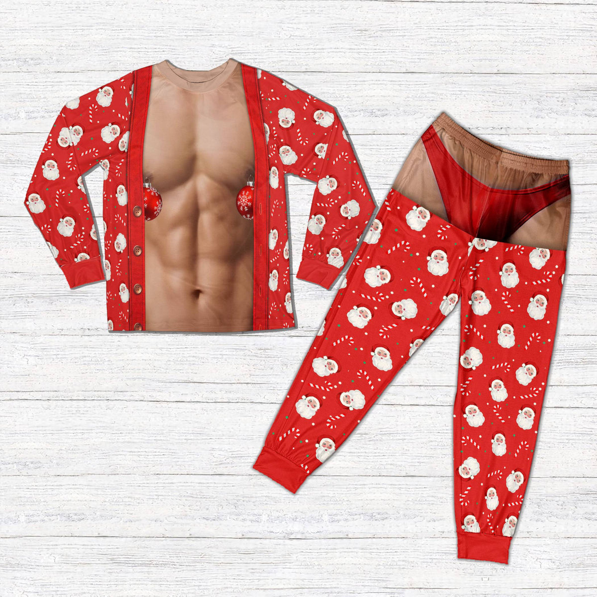Front view detailing the printed open cardigan and ornament nipple piercings on the pajama shirt