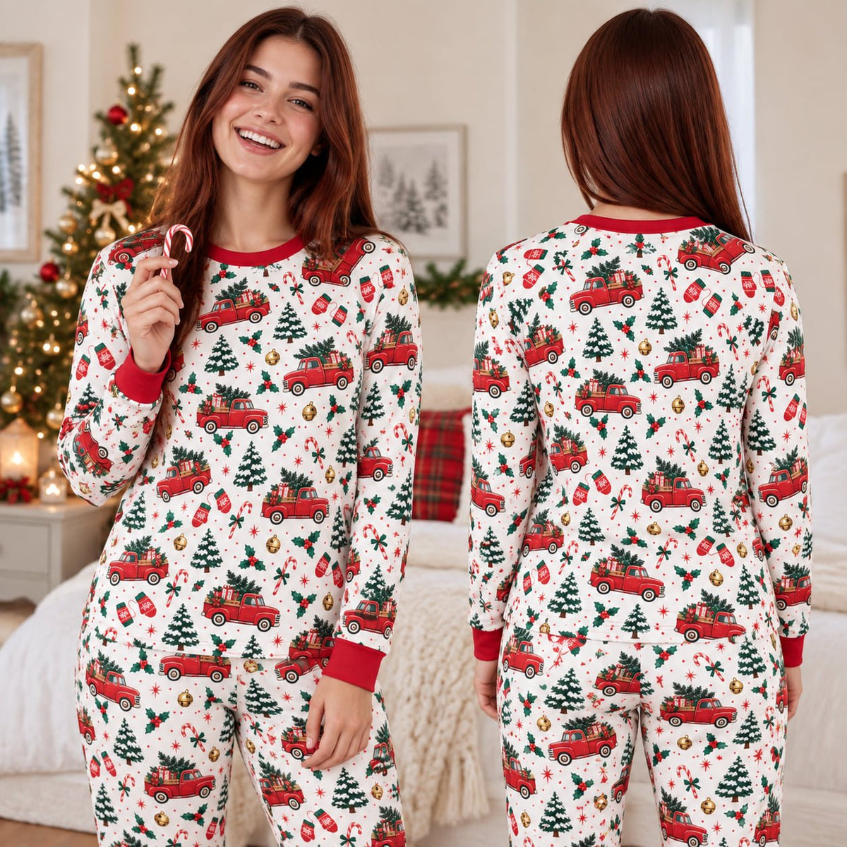 Detail view of holiday matching family pajamas top