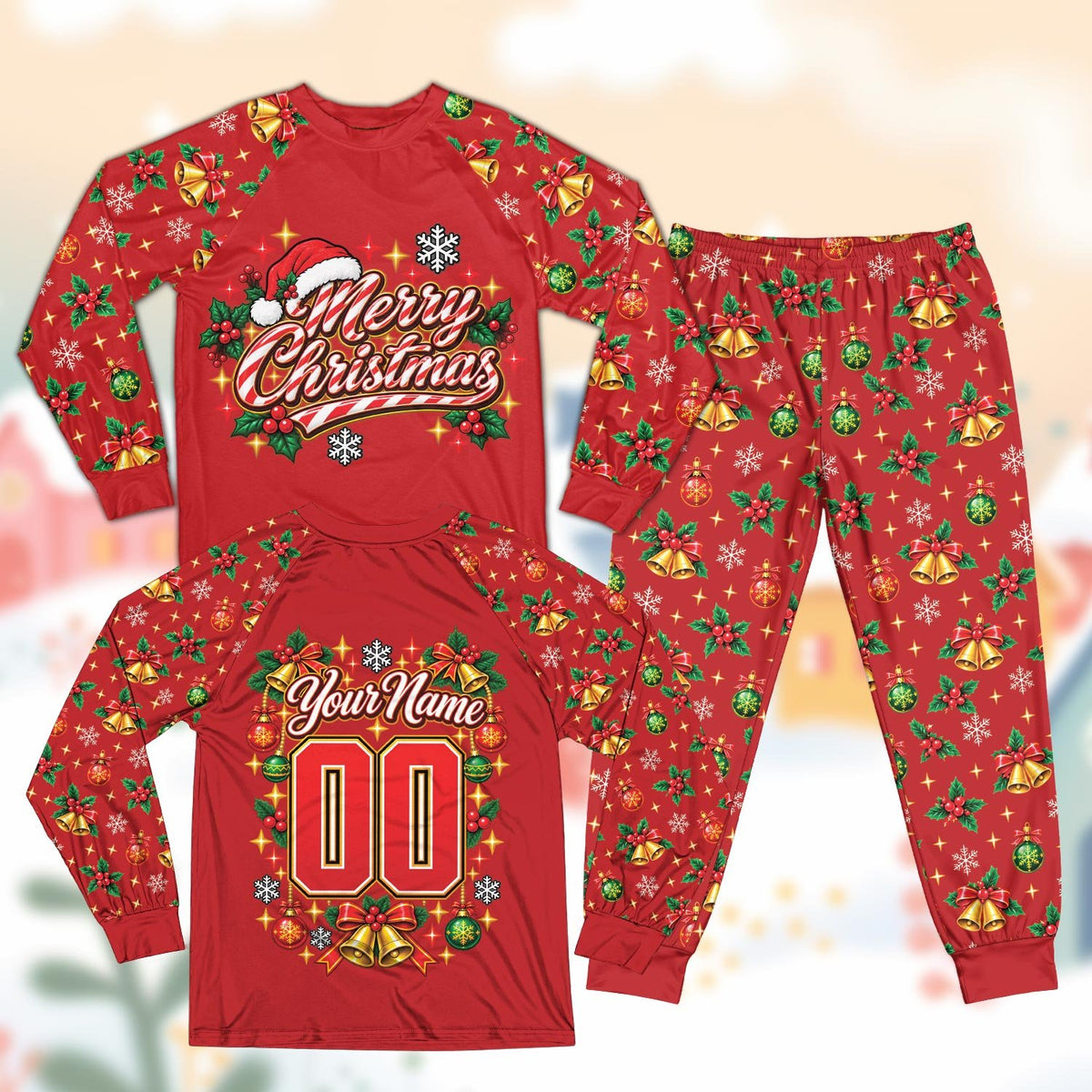 Red front view of the comfortable long-sleeve family matching outfits