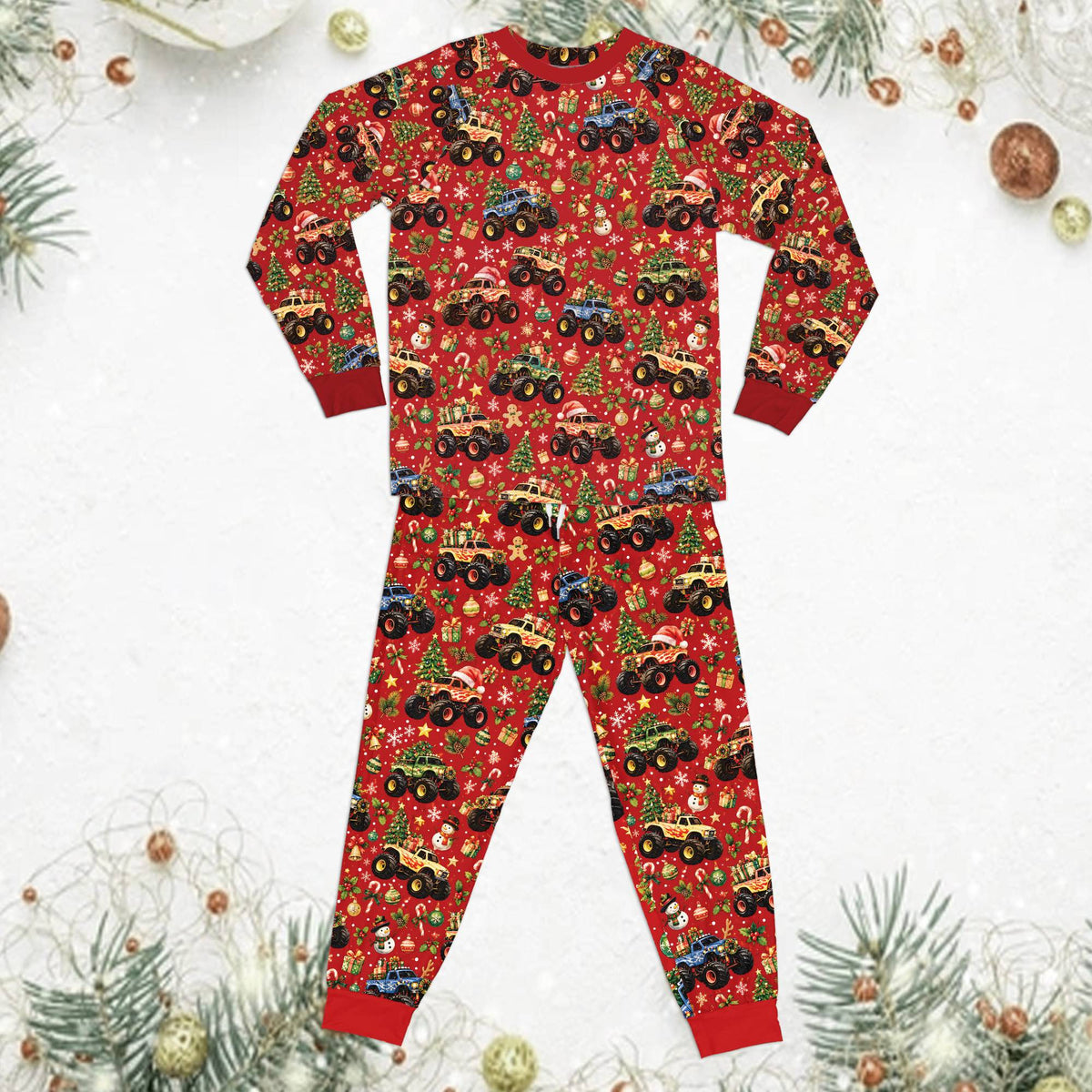 Close up front view of the Christmas monster truck pajama top