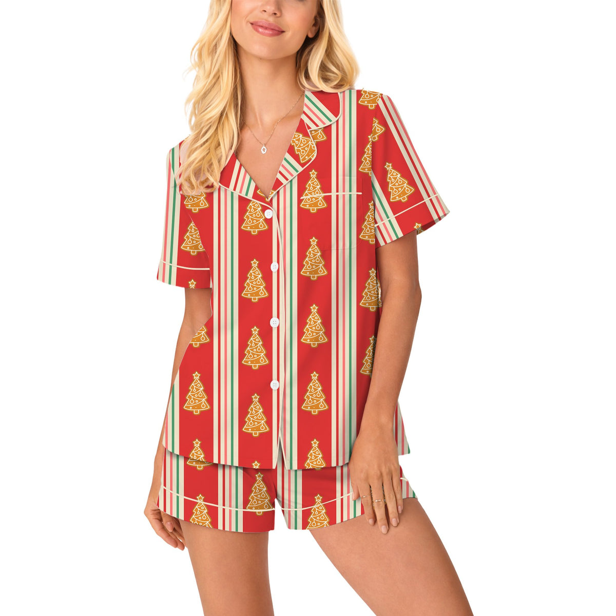 Front view of the red and green striped christmas pajama set top