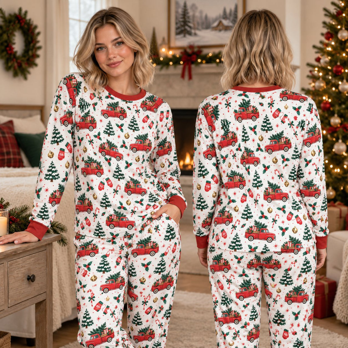 Matching family pajamas with vintage red truck and tree pattern