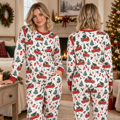 Matching family pajamas with vintage red truck and tree pattern
