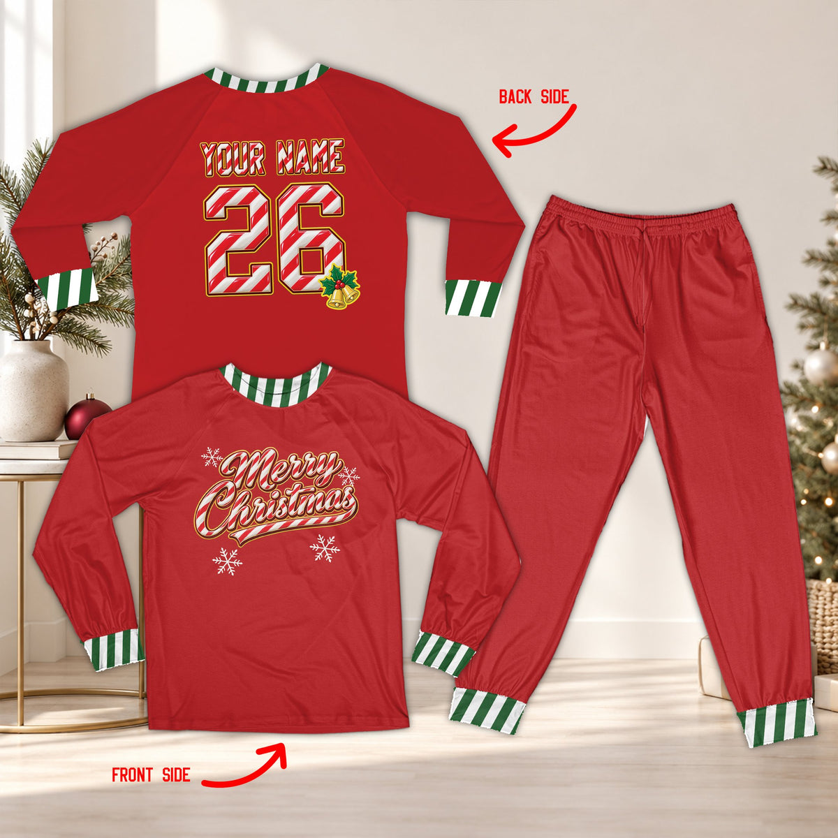 Red matching xmas family pajamas featuring custom name and number on the back in candy cane font