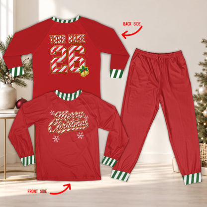 Red matching xmas family pajamas featuring custom name and number on the back in candy cane font