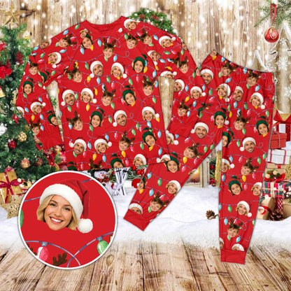 Front view of the custom holiday pajama set highlighting red accents