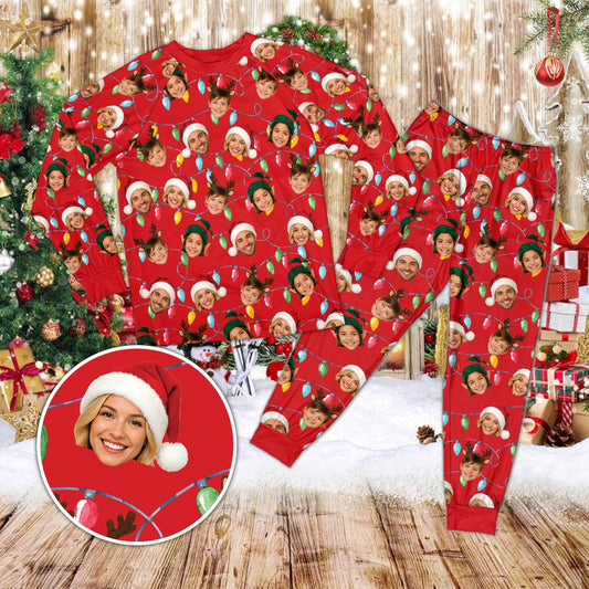 Front view of the custom pajama set with red accents