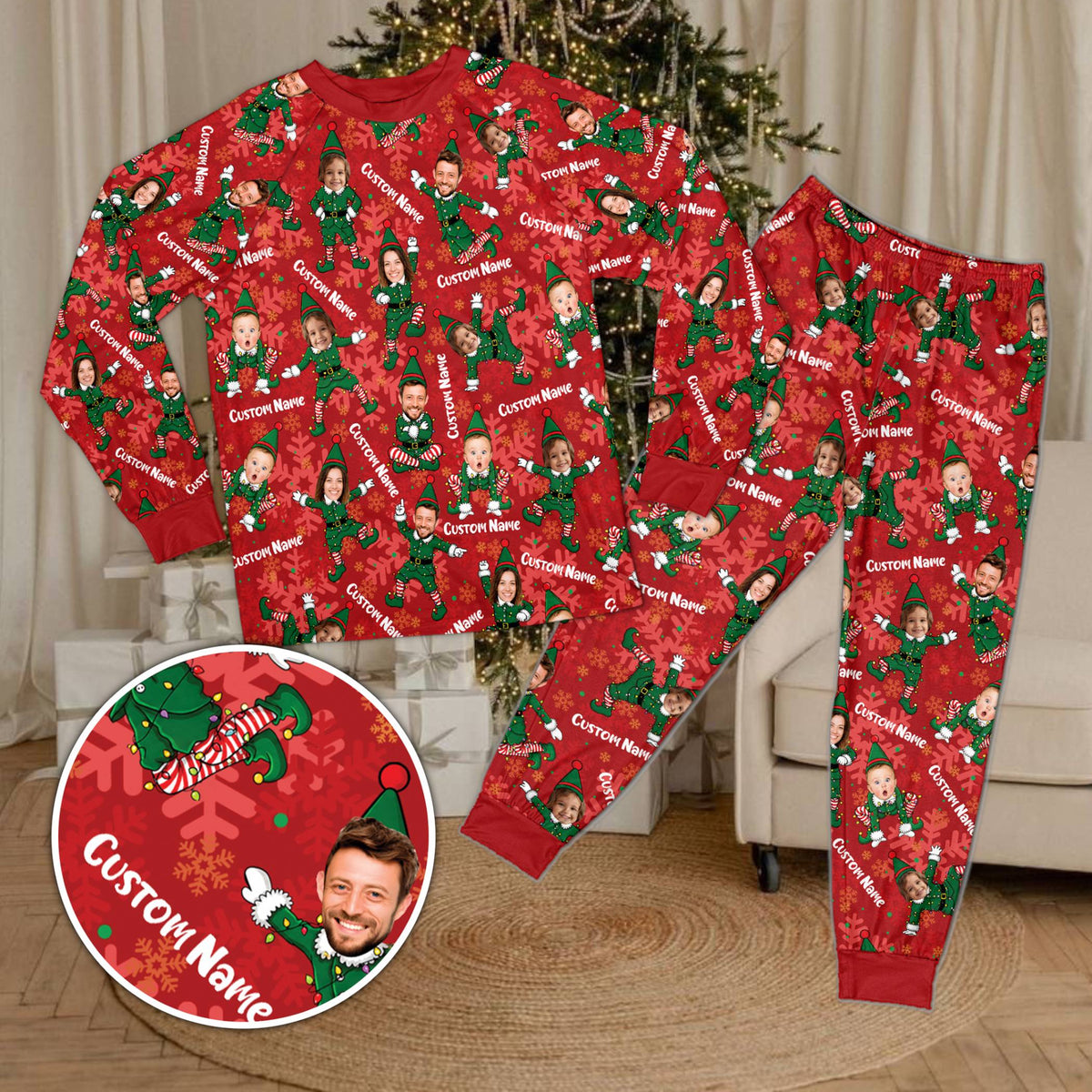 Custom name and number pajama set in red, front view