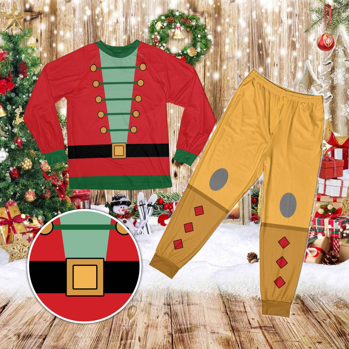 Red and green elf costume printed christmas pajama set, front view