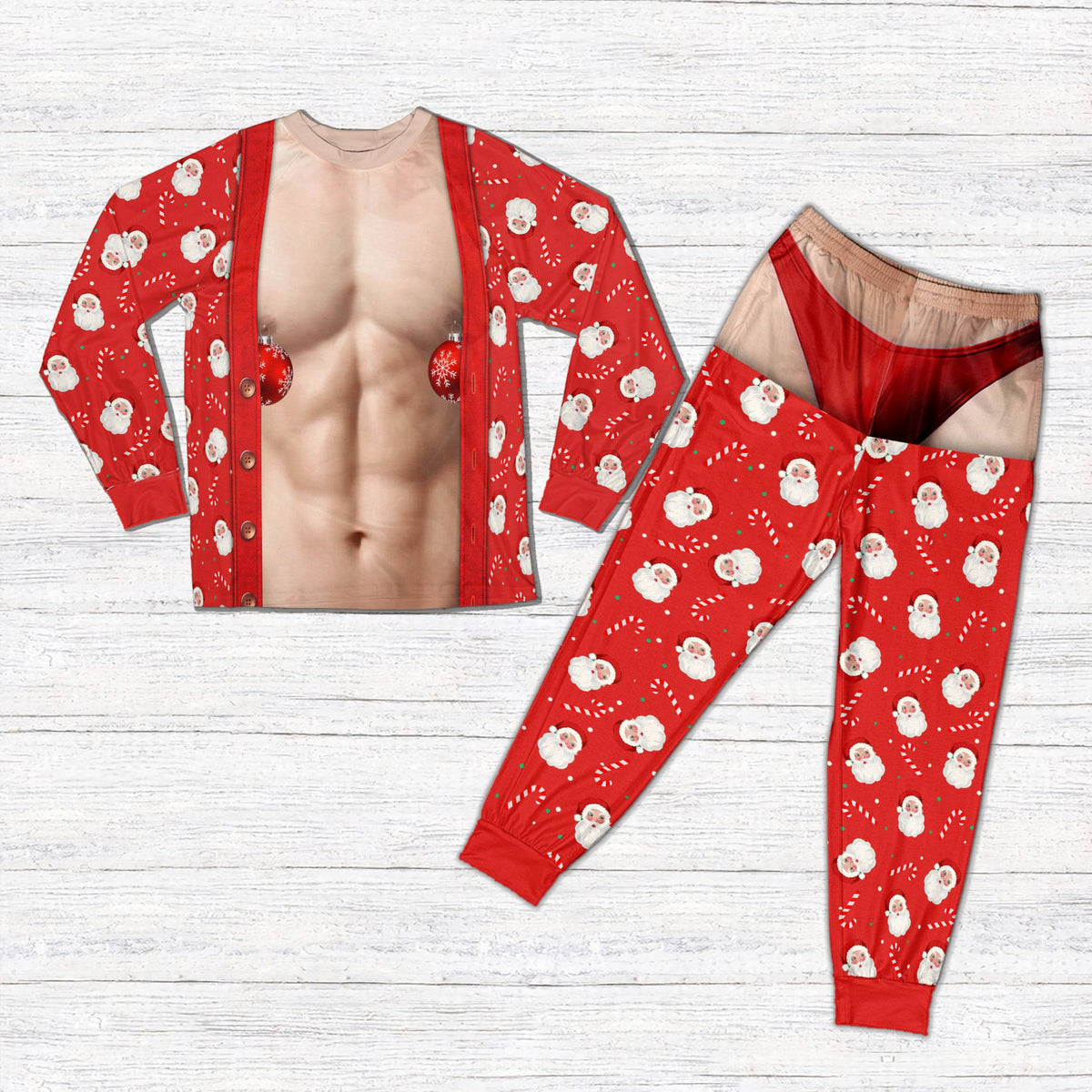 Close-up front view of the Santa and candy cane pattern on the pajama top