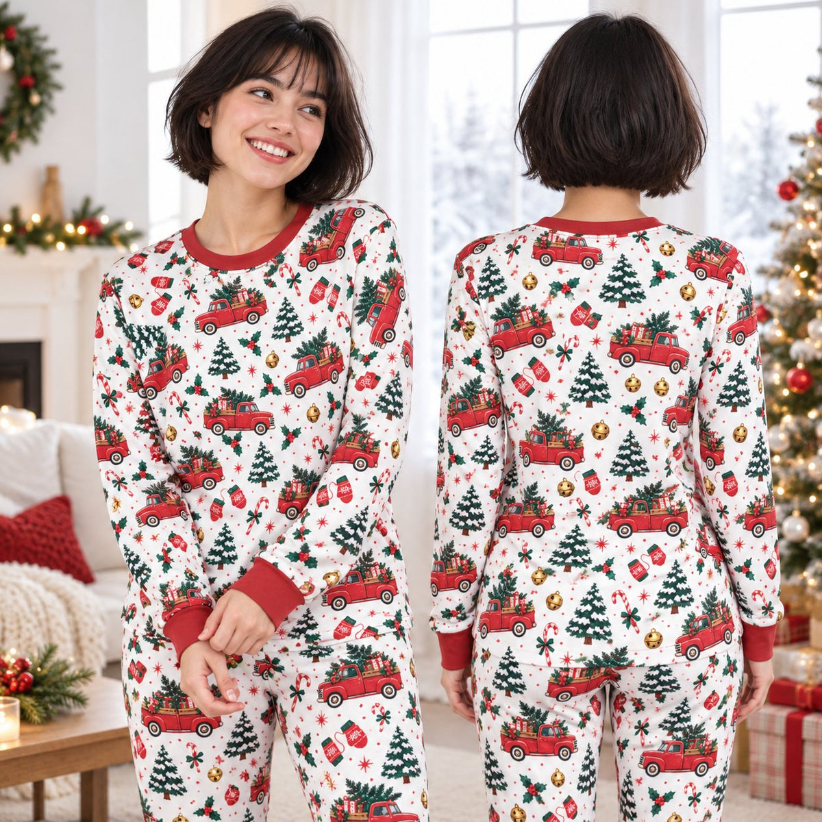 Front view showing festive print on pajama pants