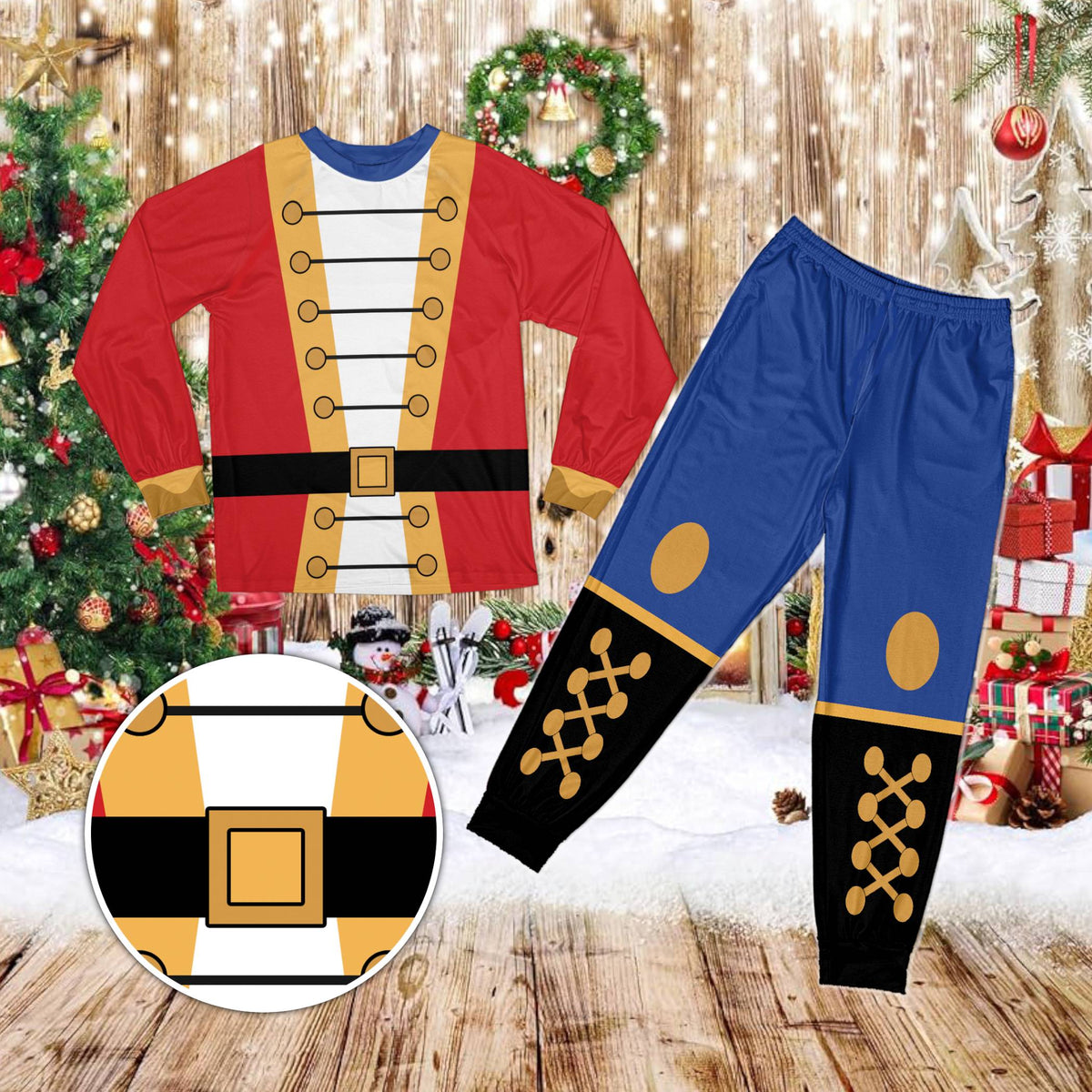 Red toy soldier costume printed christmas pajama set, front view