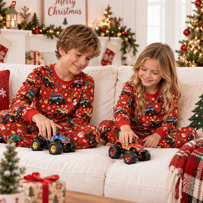 Front view of the red holiday monster truck pajama pants