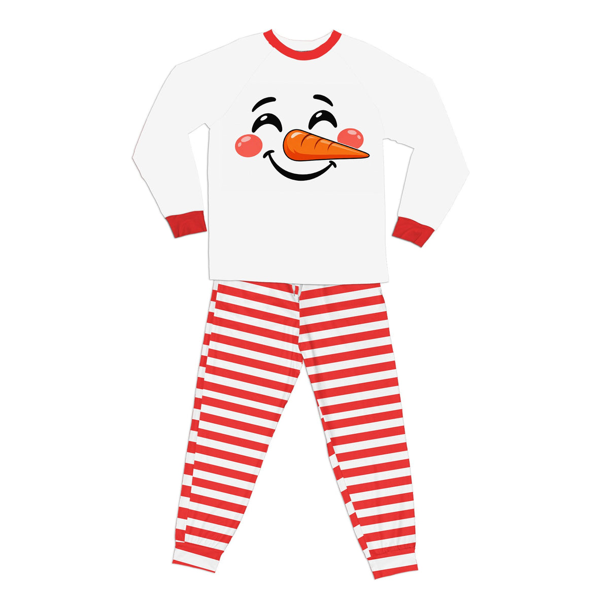 Snowman matching xmas family pajamas top with red and white striped bottoms, front view