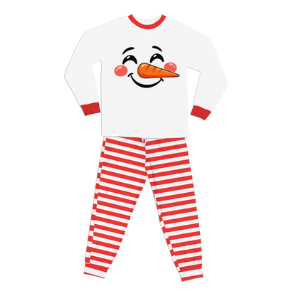 Snowman matching xmas family pajamas top with red and white striped bottoms, front view