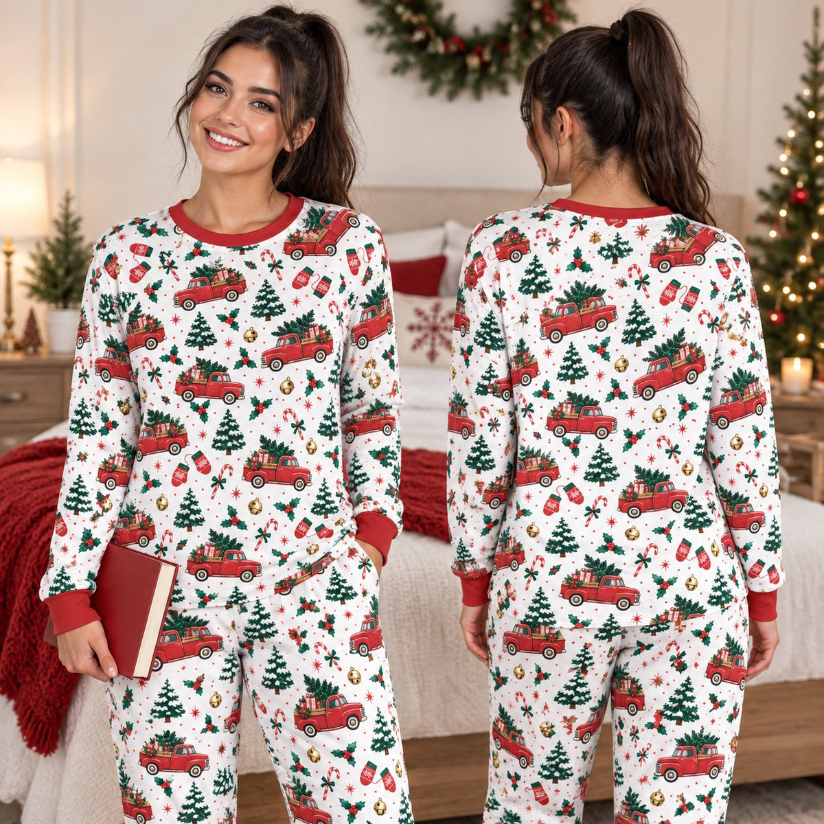 Close up of red truck and christmas tree design on pajama fabric