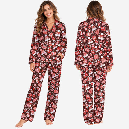 Alternate front view of the red christmas pajama set showing pattern details