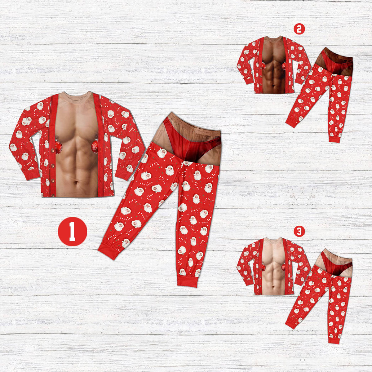 Close-up front view of the pajama pants pattern showing Santa faces