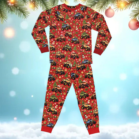 Festive red Christmas pajama set featuring monster trucks and holiday elements
