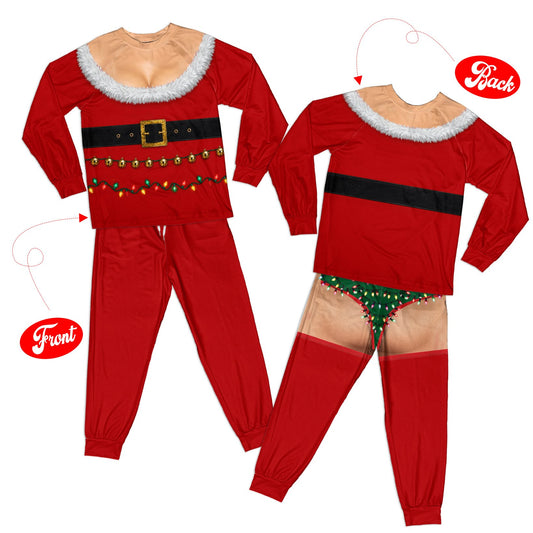 Red christmas pajama set featuring a playful sexy Santa design, front view