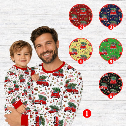 Family wearing matching red holiday pajamas with custom names and numbers, lifestyle view