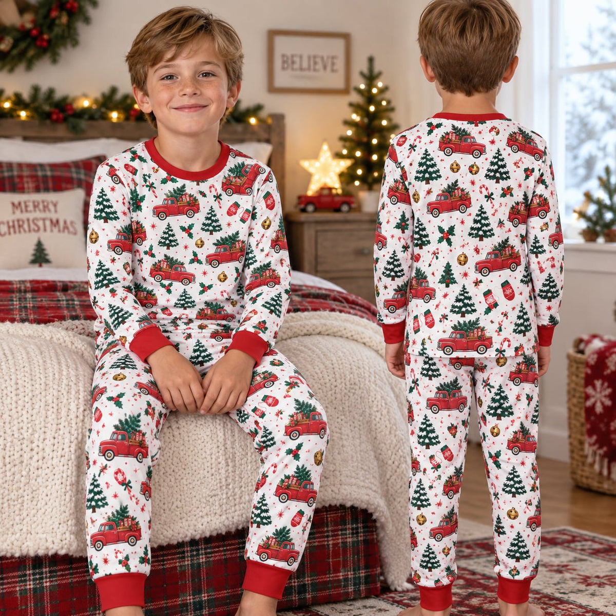 Lifestyle view showing the family matching holiday pajamas in a festive setting