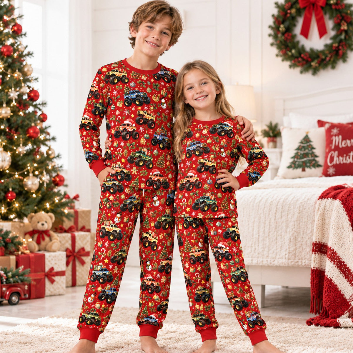 Another lifestyle view of the family matching holiday pajamas