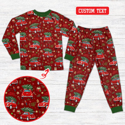 Close up lifestyle view of family wearing matching red holiday pajamas with custom names and numbers