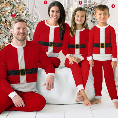 Close-up of the printed black belt and gold buckle on the Santa pajama top