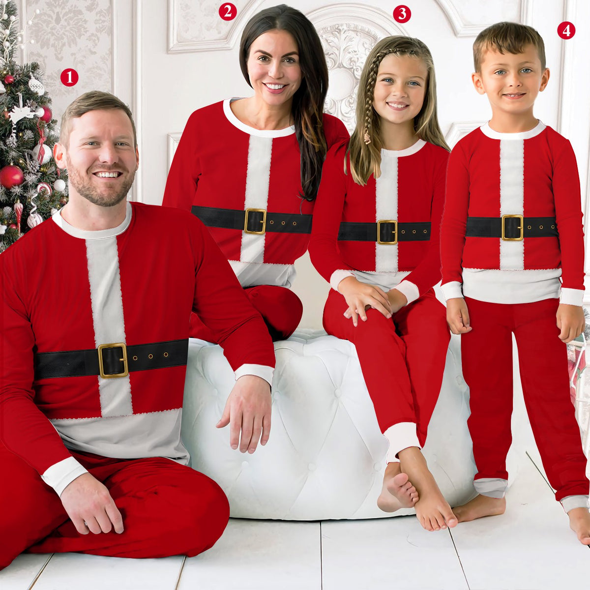 Family laughing and opening presents in their matching holiday sleepwear