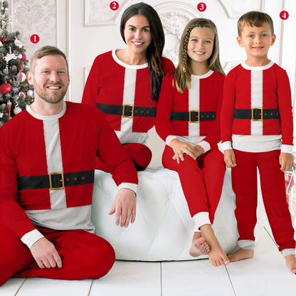 Family laughing and opening presents in their matching holiday sleepwear