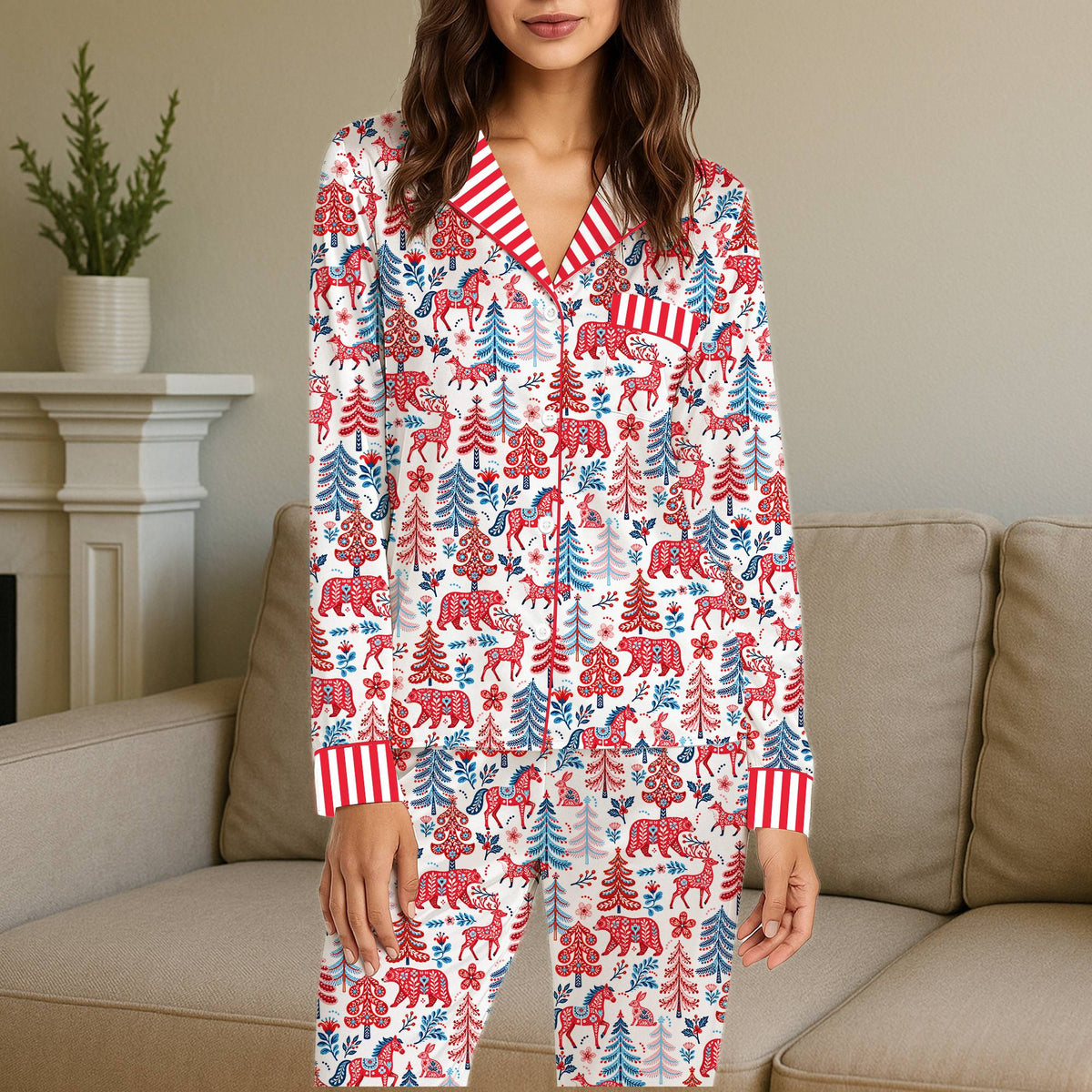 Lifestyle view highlighting the red striped details on the matching family pajama set