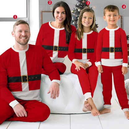 Full body view of the long-sleeve red pajama top and matching pants