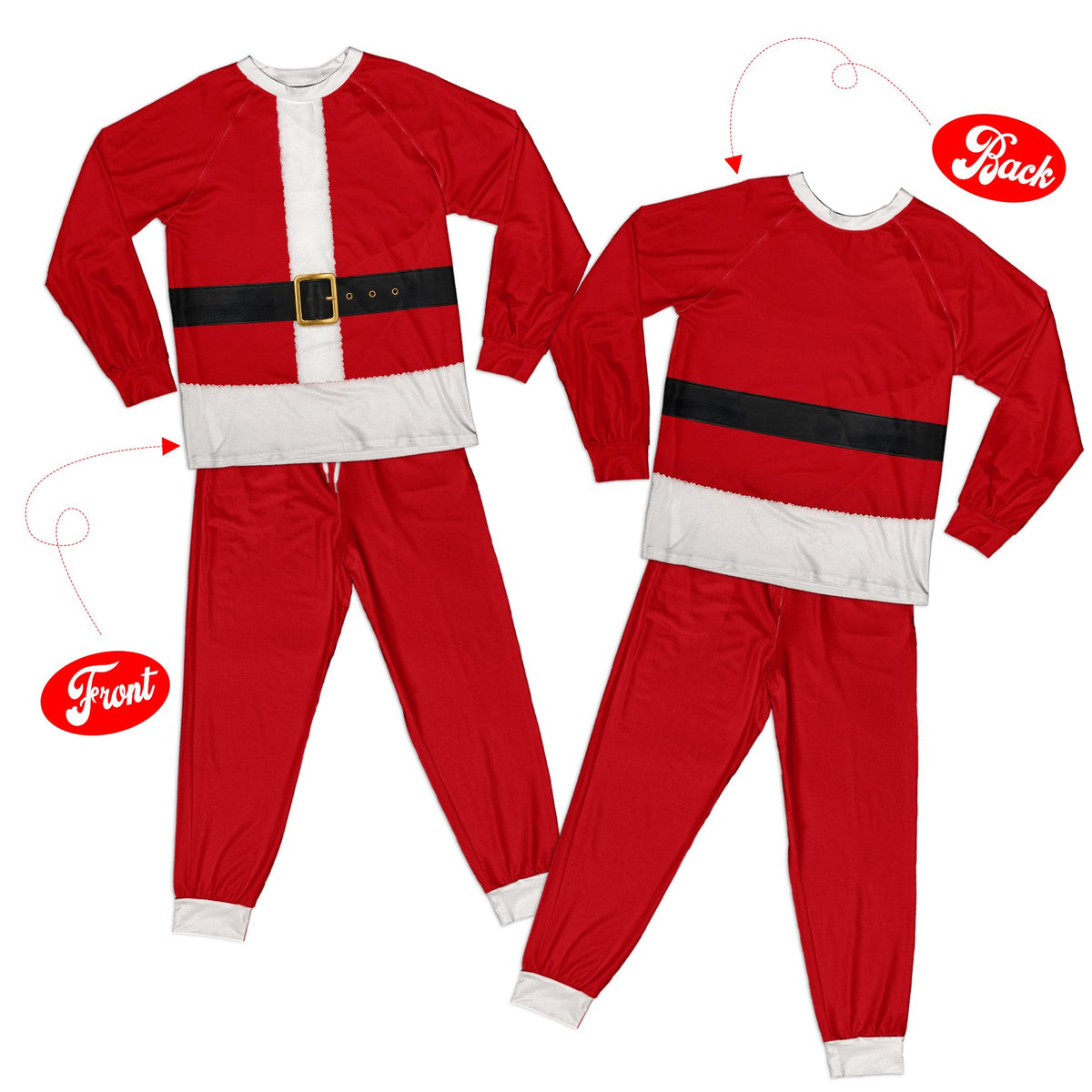 Cozy lifestyle shot of the family relaxing in their Santa suit pajamas