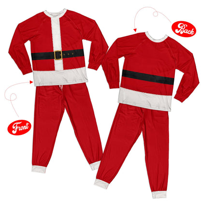 Cozy lifestyle shot of the family relaxing in their Santa suit pajamas