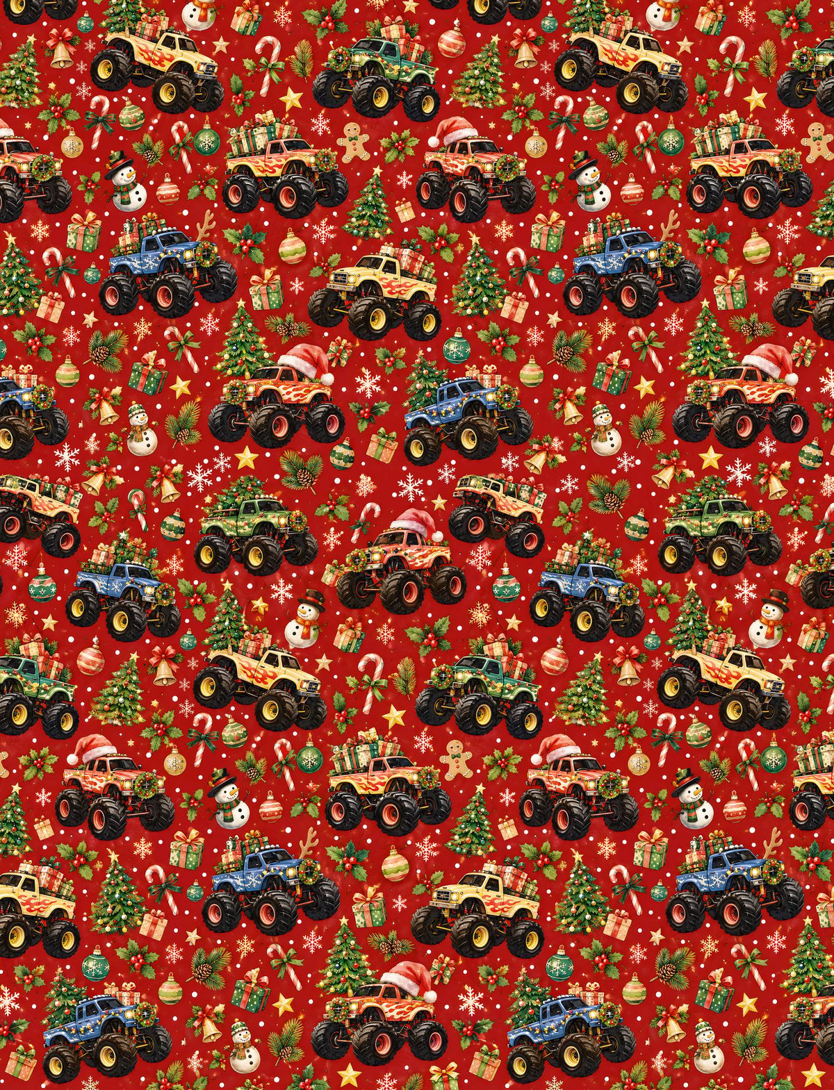 Family wearing the matching xmas pajamas family set with monster trucks