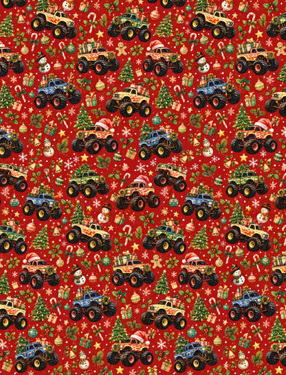 Family wearing the matching xmas pajamas family set with monster trucks