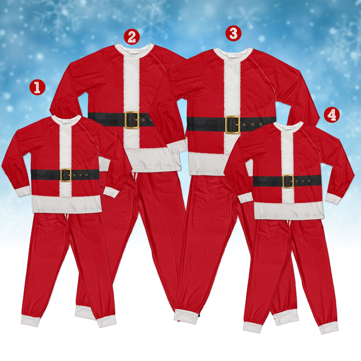 Family wearing matching red Santa Claus suit pajamas sitting by the Christmas tree