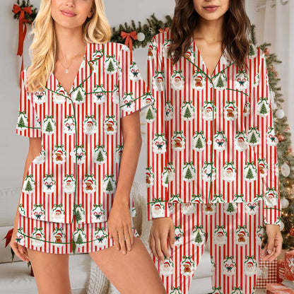 Family matching holiday pajamas in a festive living room setting