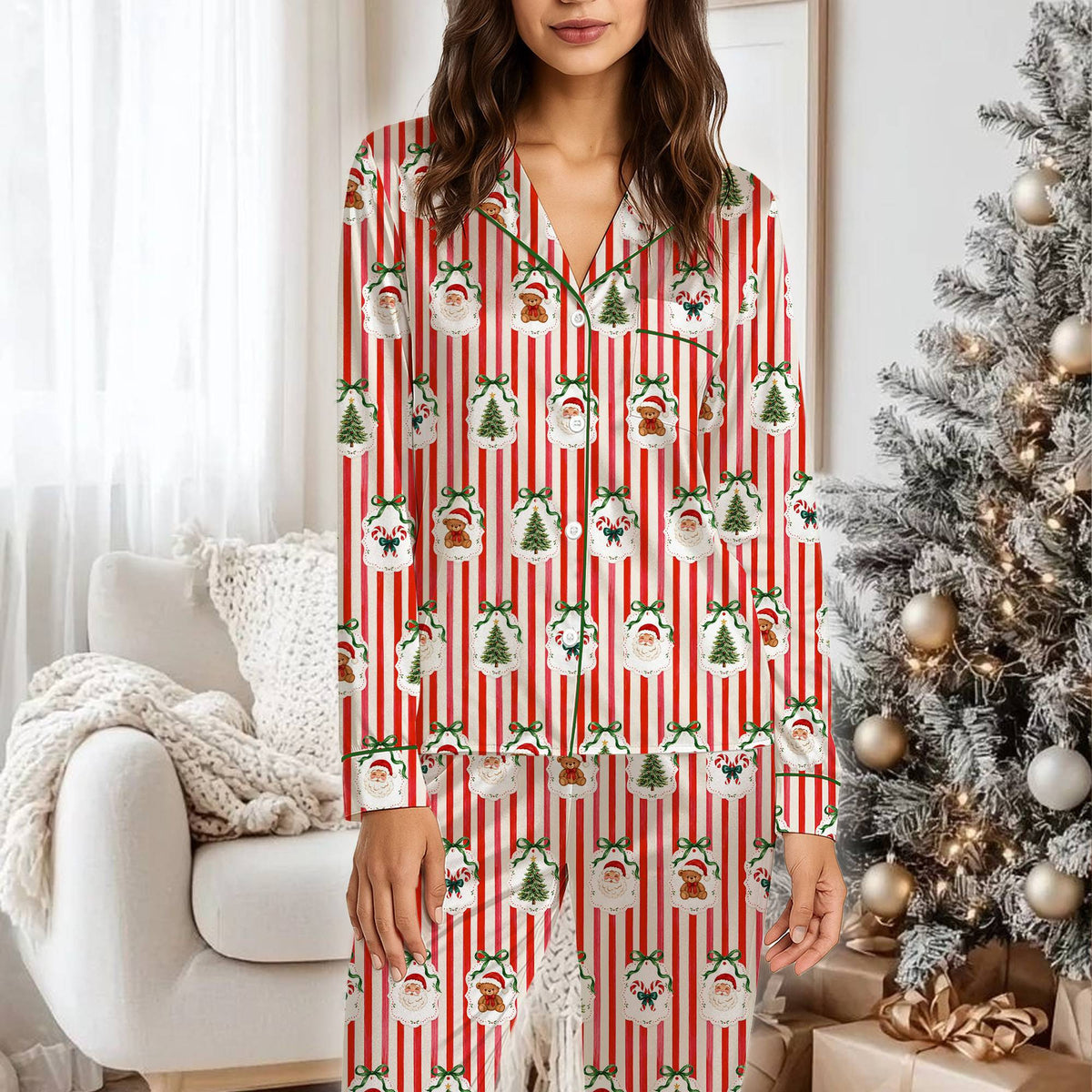 Group shot of family wearing matching Christmas pajamas